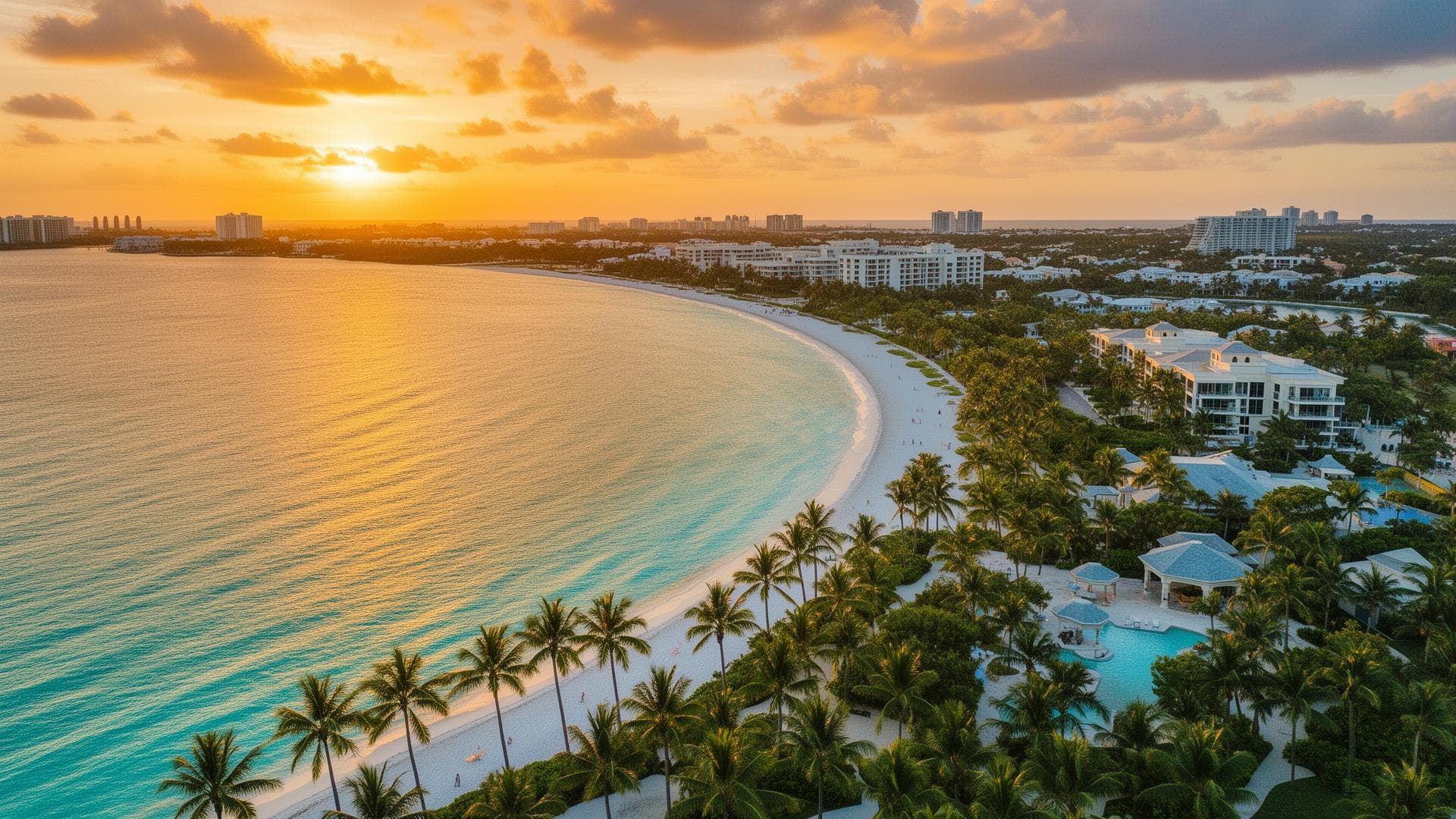 Aerial sunset view of Marco Island beach with turquoise water and palm trees